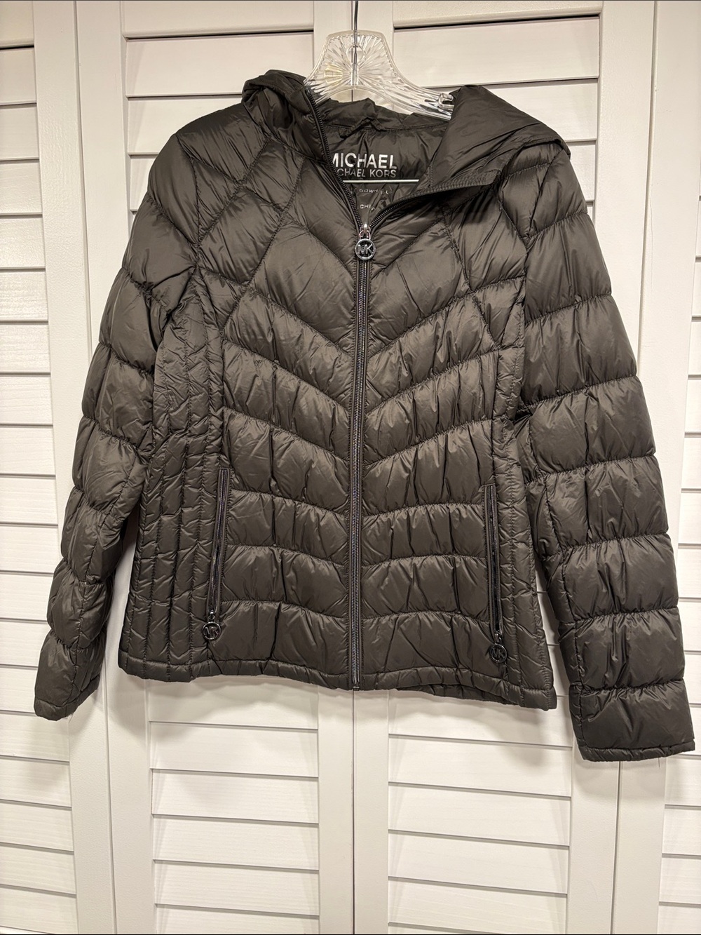 Michael Kors Hooded Quilted Puffer Jacket in Olive Green